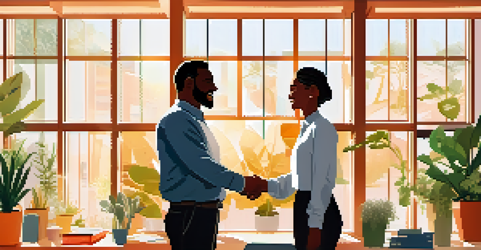 Two colleagues shaking hands in an office filled with motivational posters and plants, in a bright and welcoming environment.