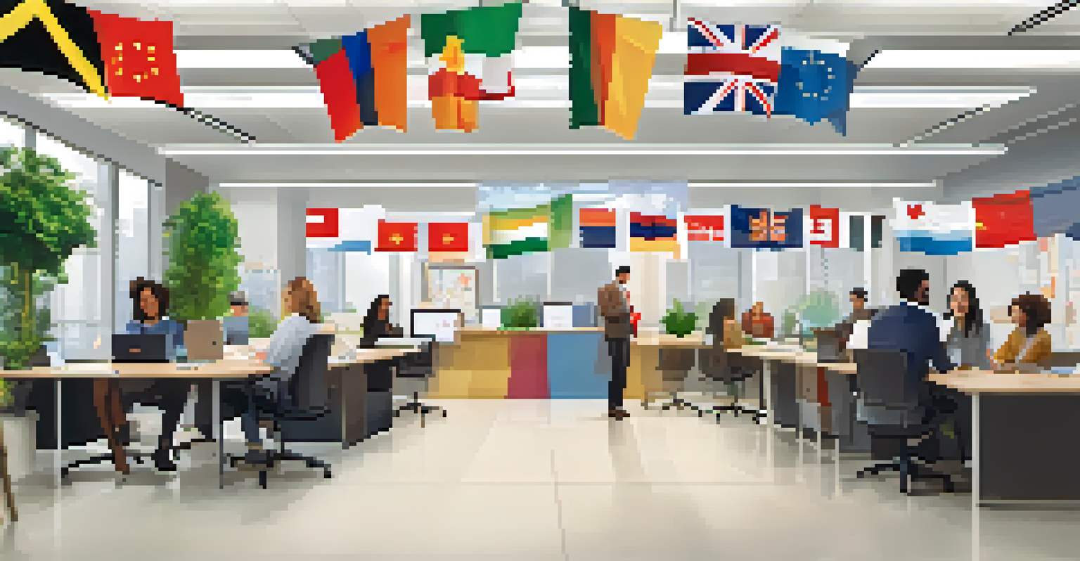 An office space with flags from different countries, where employees engage in a language exchange program with charts and flashcards.