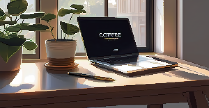 A bright and tidy workspace with a laptop, notepad, and coffee cup on a desk, illuminated by sunlight.