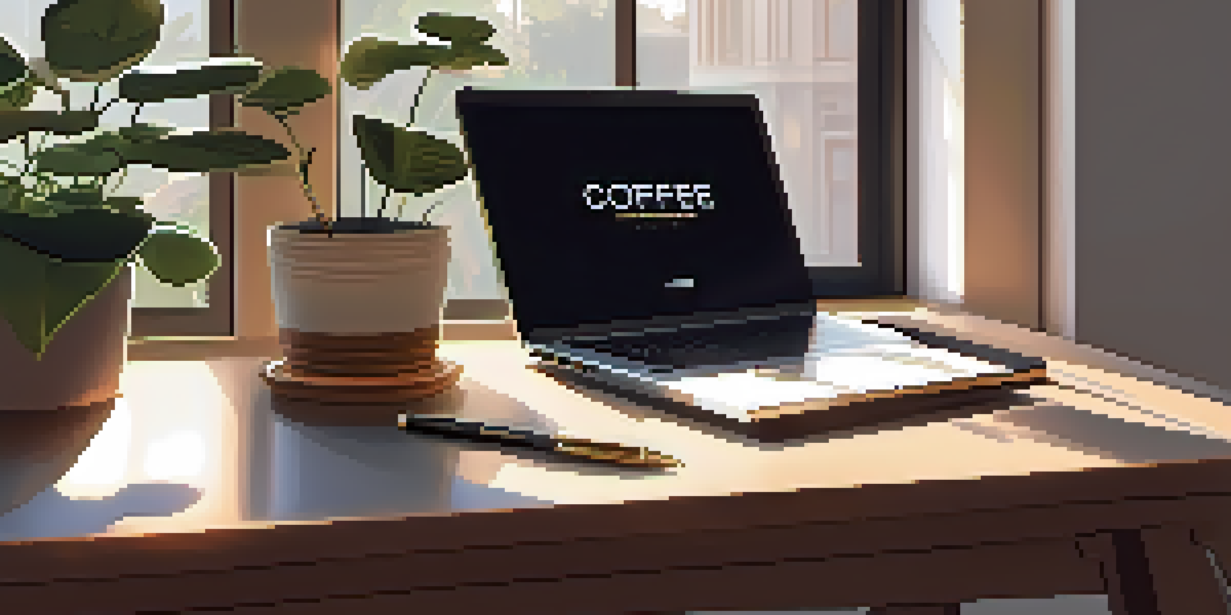 A bright and tidy workspace with a laptop, notepad, and coffee cup on a desk, illuminated by sunlight.