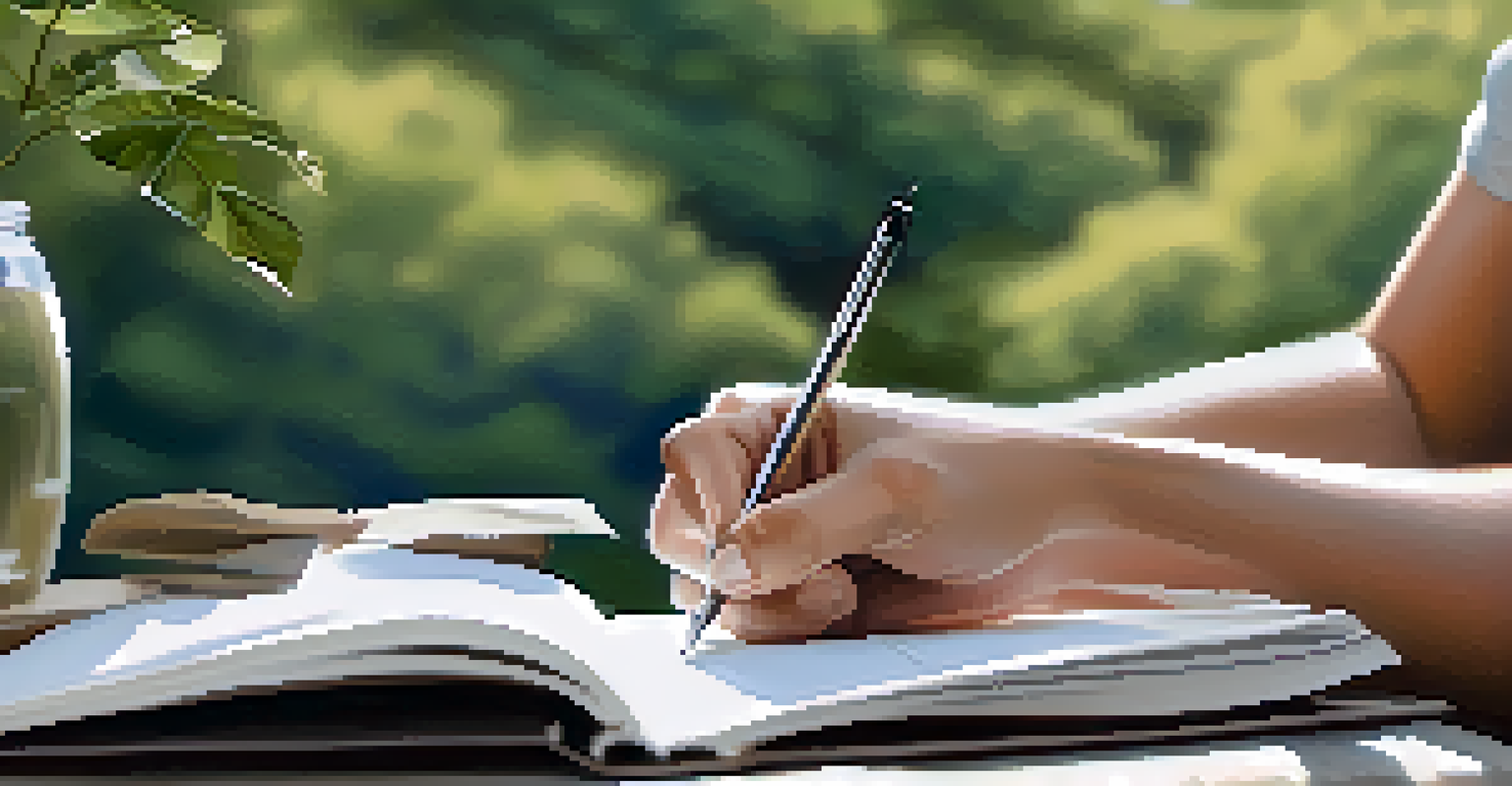 Close-up of hands writing in a journal outdoors, with nature softly blurred in the background.