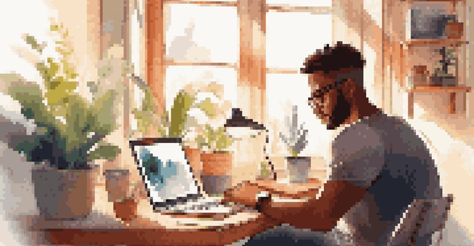 A freelancer working on a laptop in a cozy home office, surrounded by plants and colorful decor, with warm sunlight streaming in.