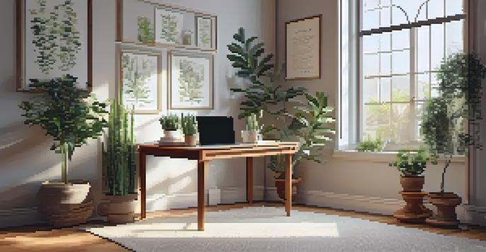 A calm and inviting workspace with a wooden desk, laptop, potted plant, and cup of tea, illuminated by soft natural light.