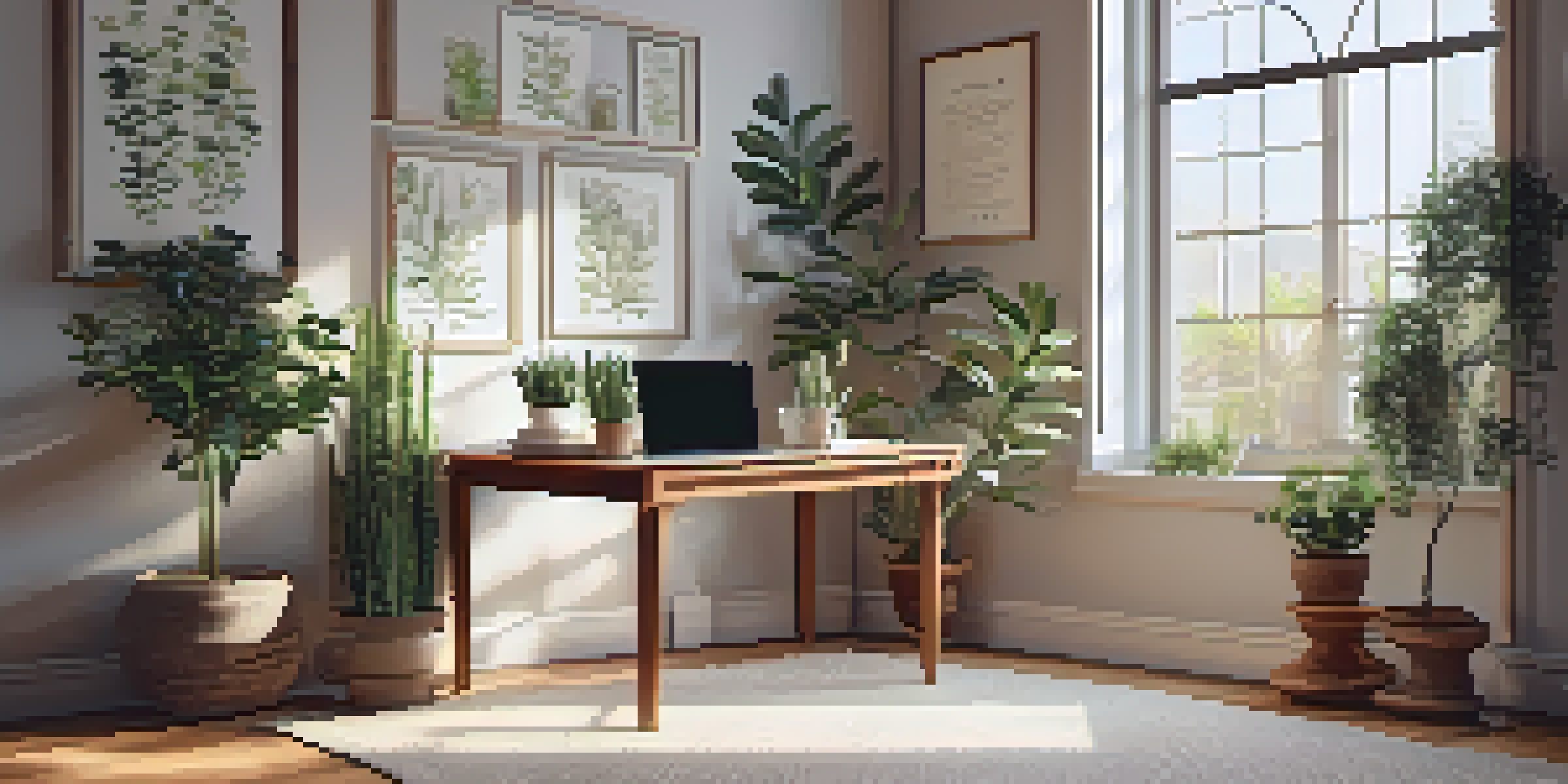 A calm and inviting workspace with a wooden desk, laptop, potted plant, and cup of tea, illuminated by soft natural light.