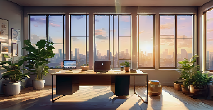 An office space with a sunset view of a city, featuring plants and a wooden desk with a laptop.
