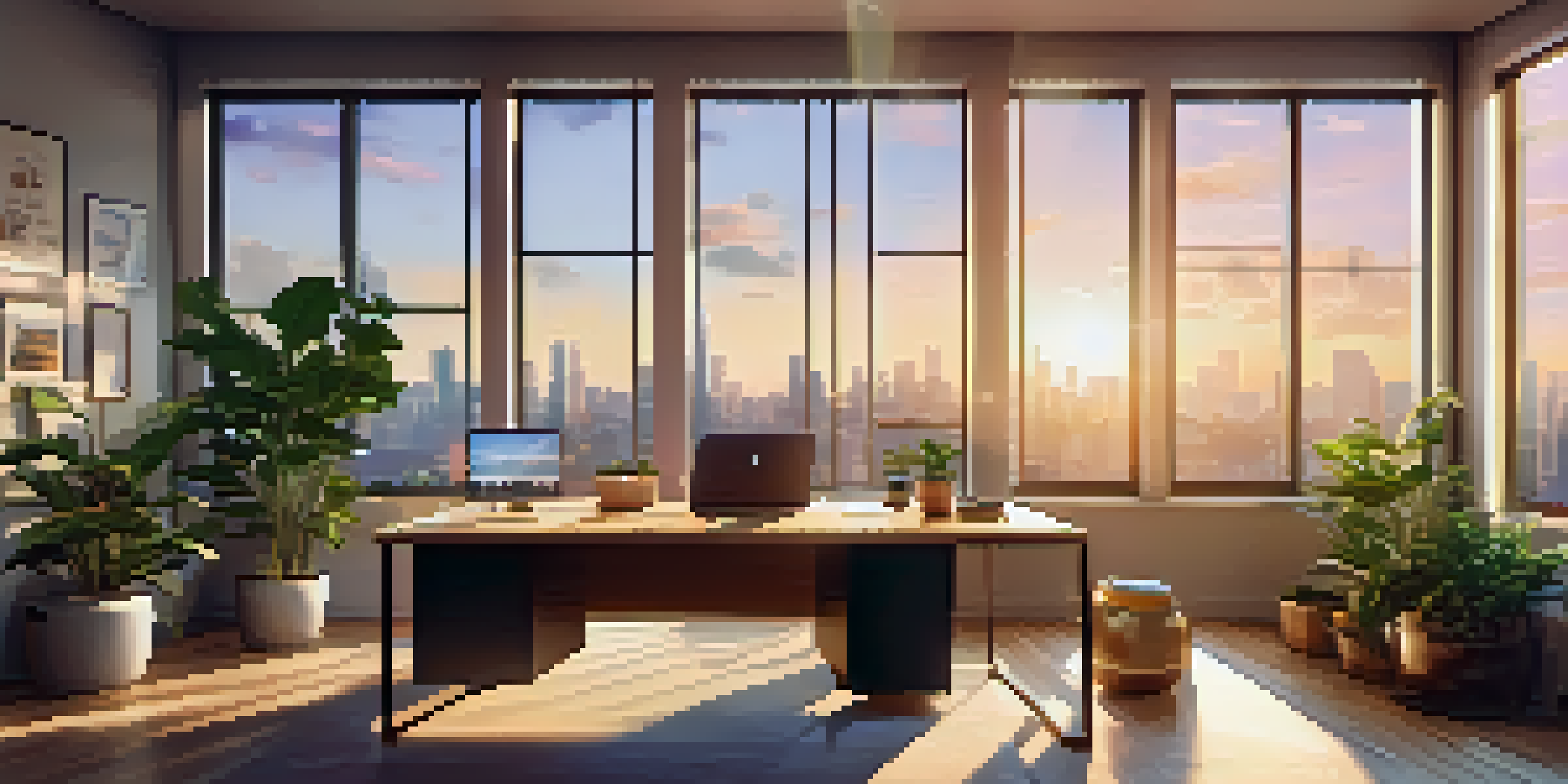 An office space with a sunset view of a city, featuring plants and a wooden desk with a laptop.
