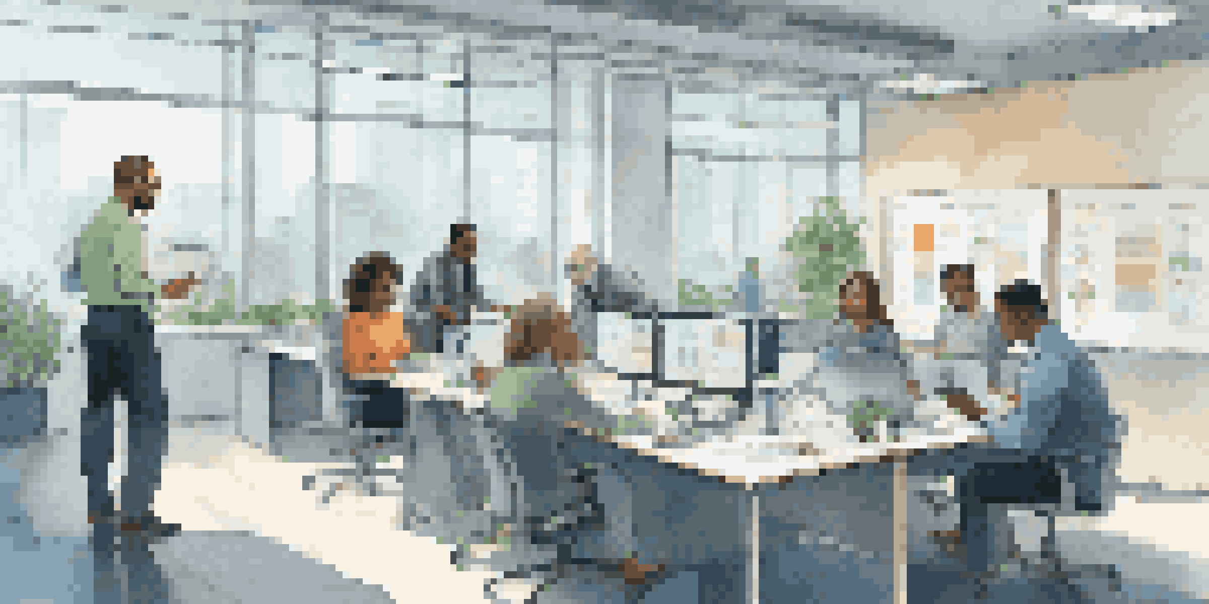 A diverse group of employees in a modern office discussing safety reporting while reviewing incident reports on a laptop.