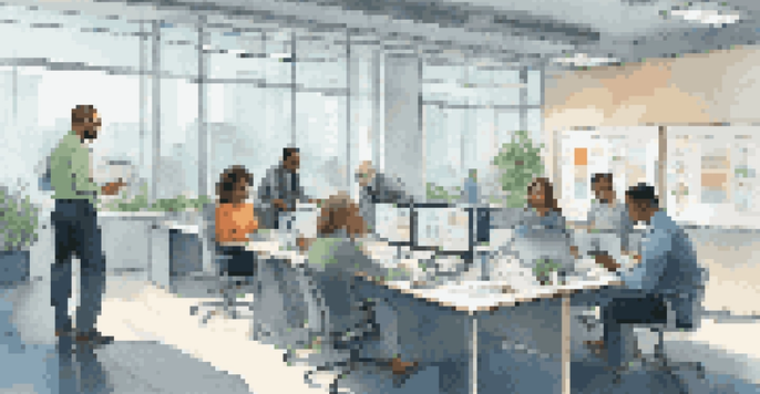 A diverse group of employees in a modern office discussing safety reporting while reviewing incident reports on a laptop.