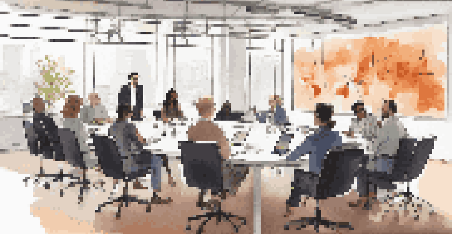 A diverse team of journalists in a conference room discussing AI's impact on journalism with digital screens.