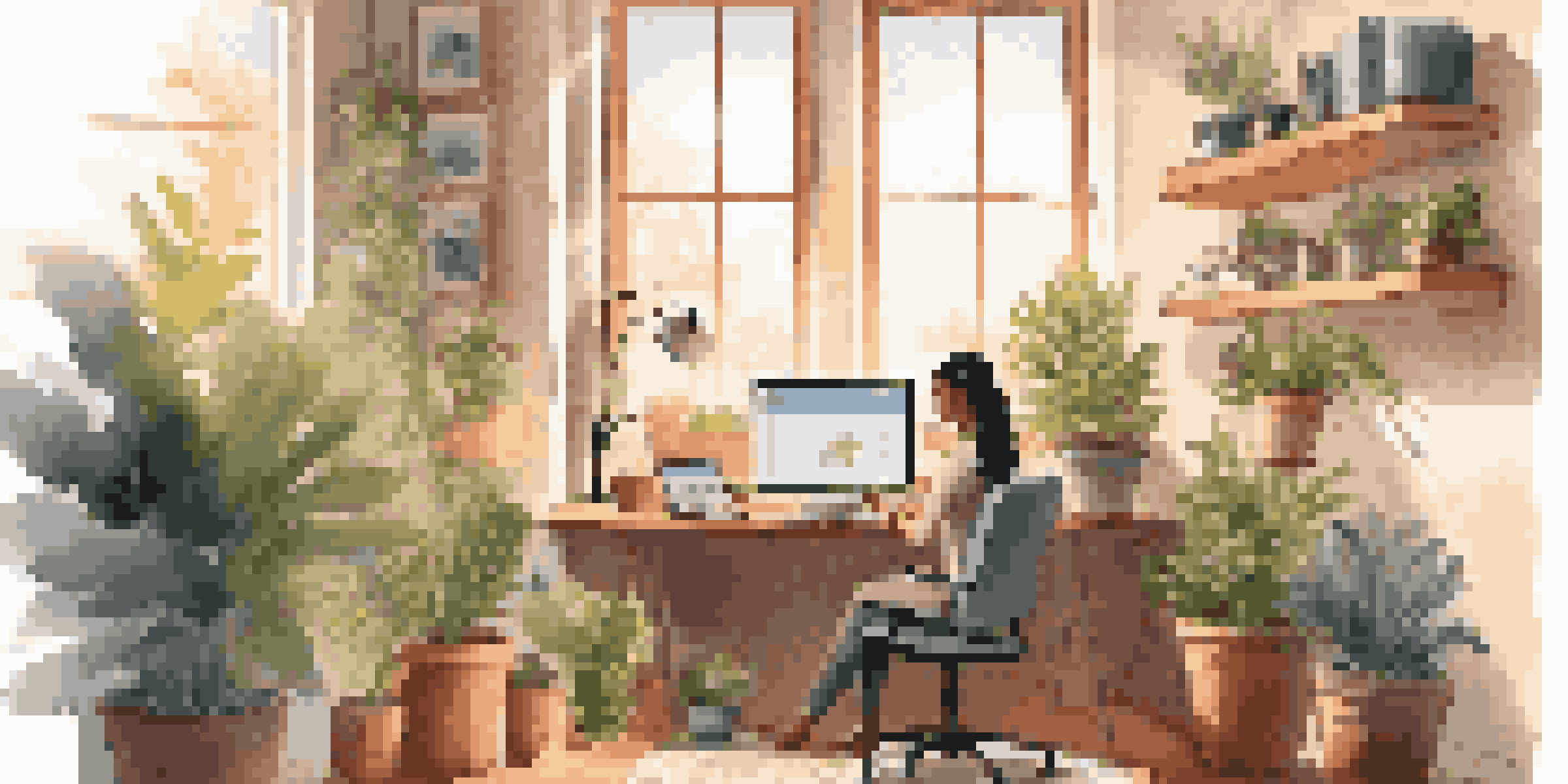 A customer service representative in a cozy home office, engaged in work on a laptop with chat applications open, surrounded by plants and warm sunlight.