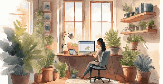 A customer service representative in a cozy home office, engaged in work on a laptop with chat applications open, surrounded by plants and warm sunlight.