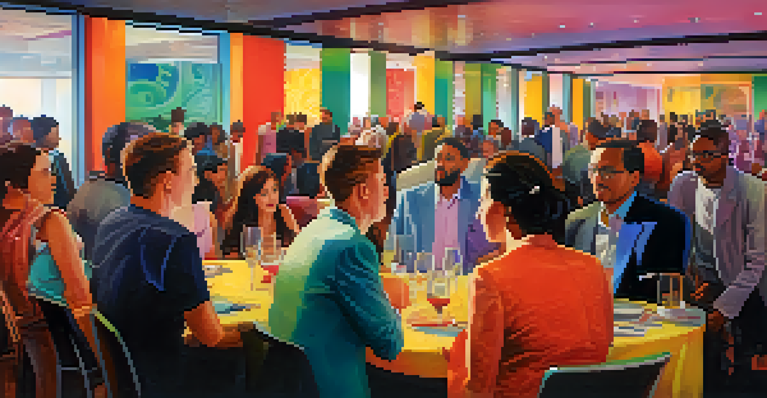 A vibrant networking event with groups of people interacting, some listening actively and others distracted.