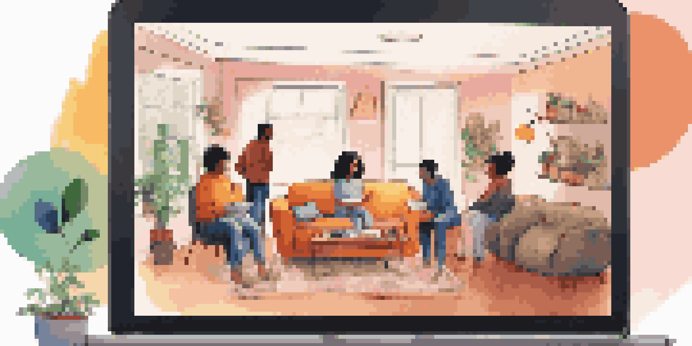 A laptop screen showcasing an online community group chat with colorful avatars and chat bubbles in a cozy living room.