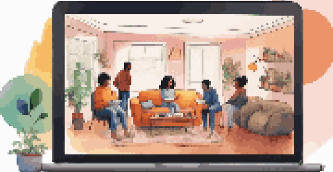 A laptop screen showcasing an online community group chat with colorful avatars and chat bubbles in a cozy living room.