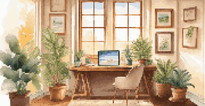 A bright and inviting office space with a desk, laptop, plant, and motivational poster, illuminated by natural light.