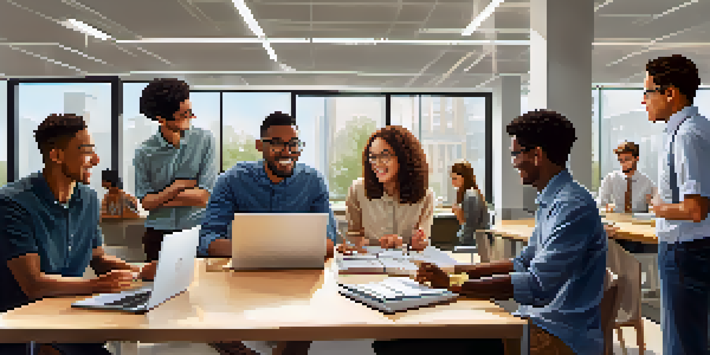 A diverse group of interns discussing around a table in a modern office with natural light.
