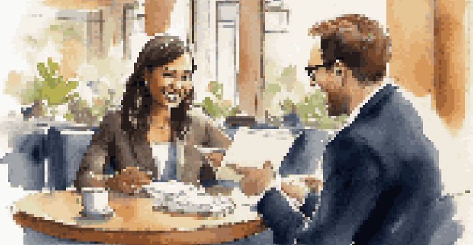 A woman and a man having a casual conversation in a coffee shop, with a notepad and laptop on the table.