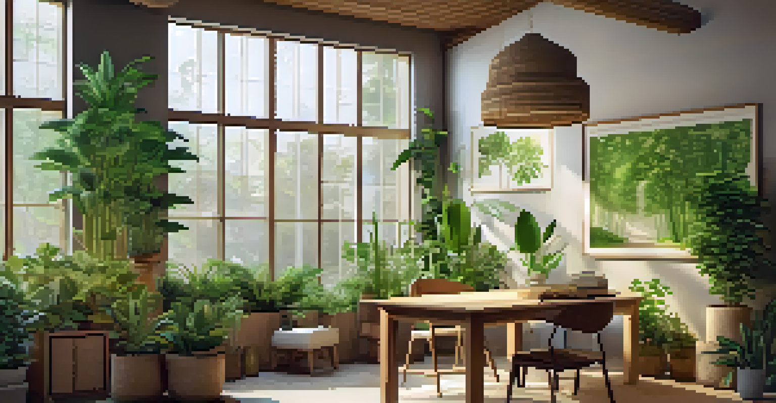 A sustainable workspace with bamboo furniture, green plants, and a poster promoting environmental awareness.