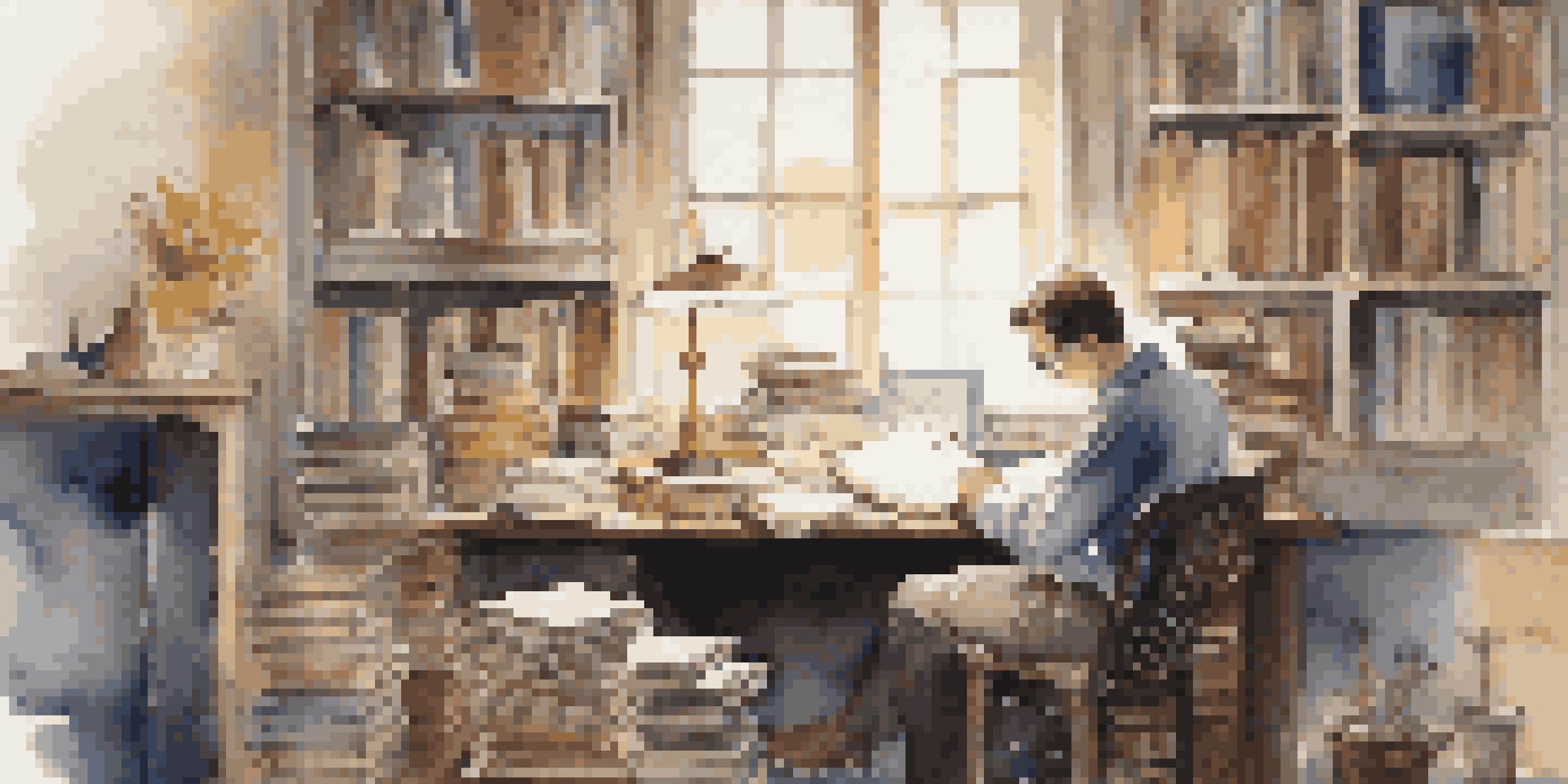 A person at a desk, writing a cover letter with a focused look, surrounded by books and stationery, bathed in natural light.