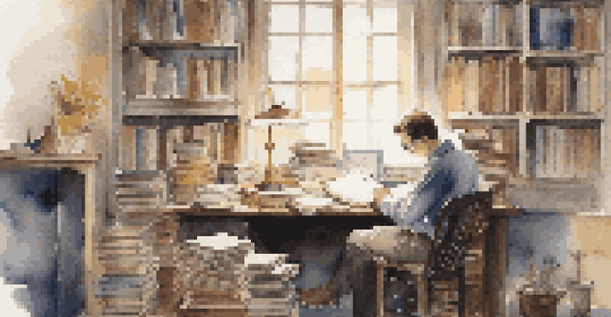 A person at a desk, writing a cover letter with a focused look, surrounded by books and stationery, bathed in natural light.