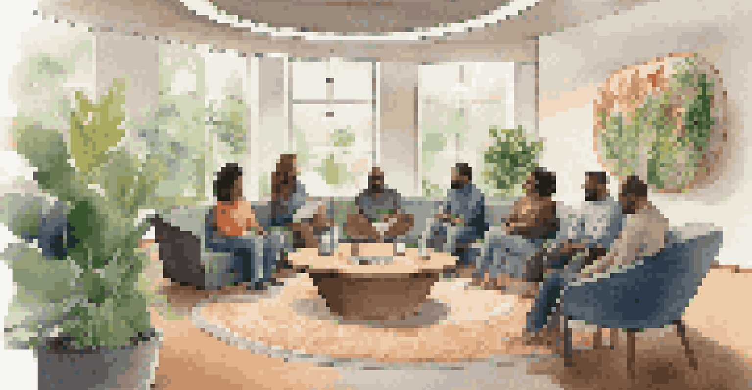 A diverse employee resource group meeting in a lounge area, with employees seated in a circle discussing openly in a cozy environment.