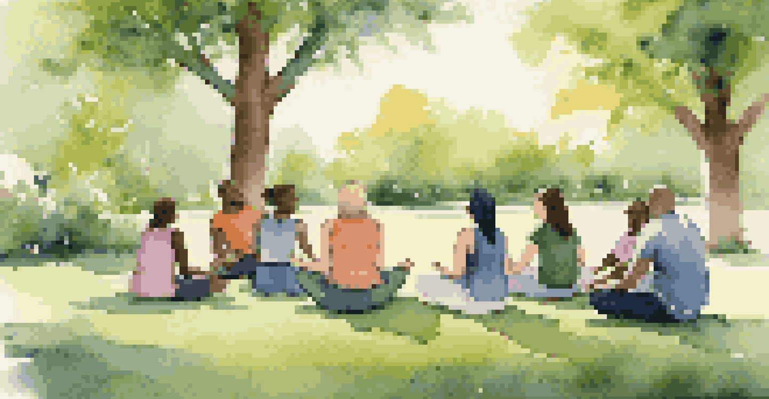 A diverse group of individuals participating in a mindfulness session outdoors, surrounded by nature.