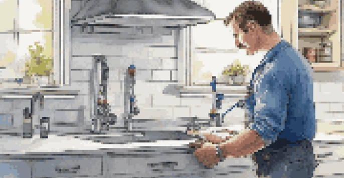 A plumber working with an AI diagnostic tool in a modern kitchen, showing a digital display for leak detection.
