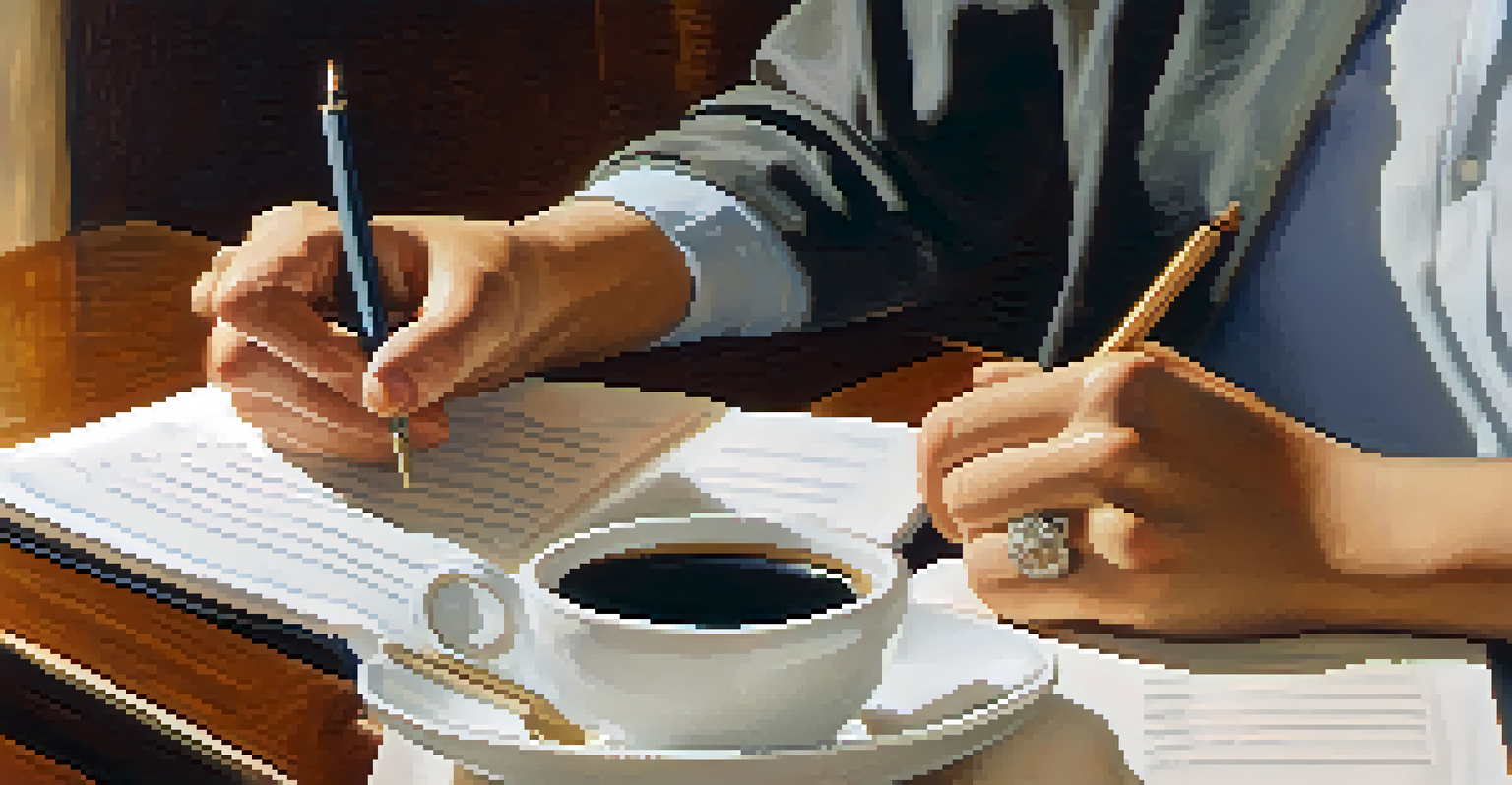 Close-up of hands during an informational interview, with a notebook and coffee cup on the table, creating a warm atmosphere.