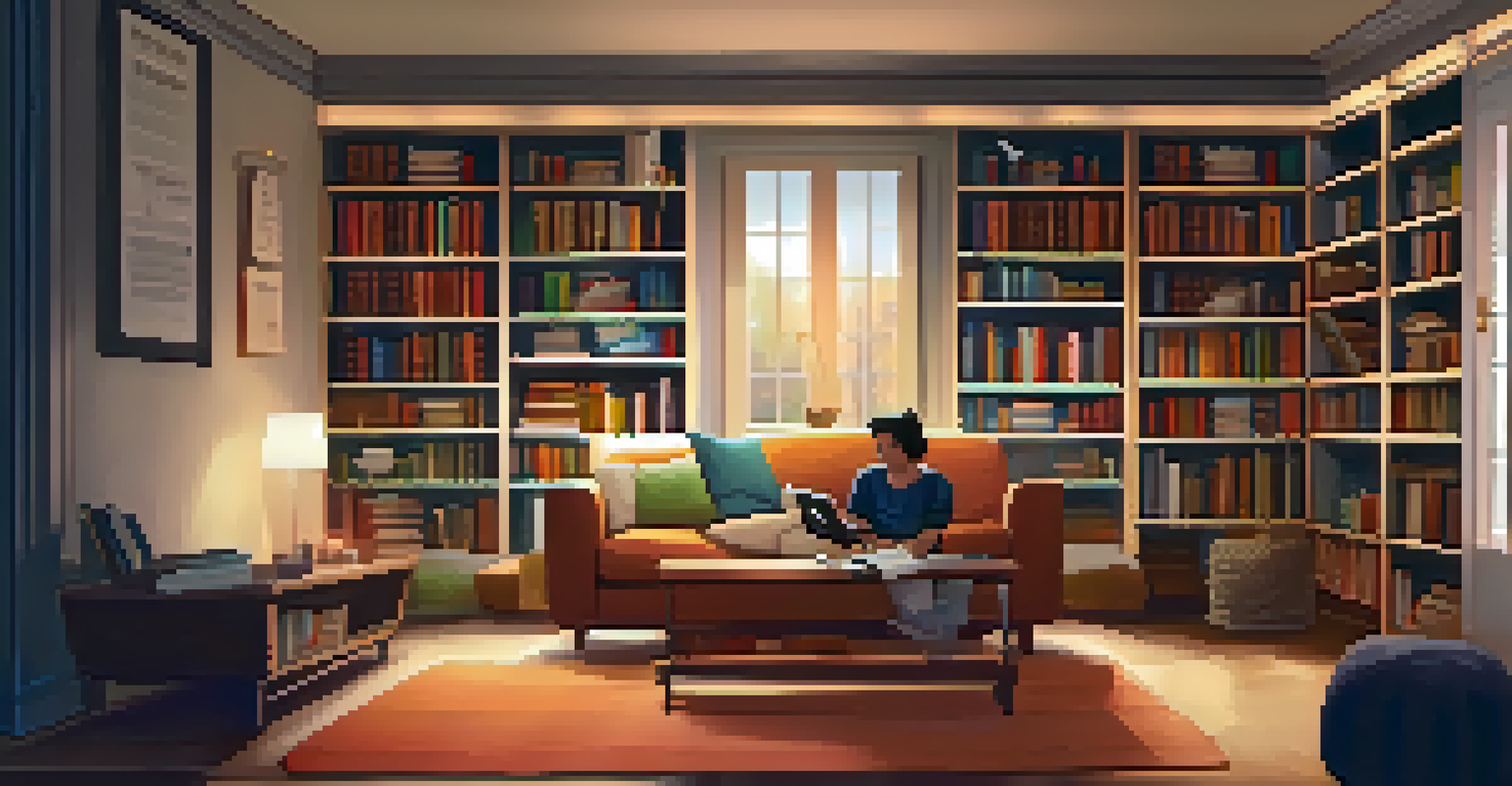 A person on a couch learning online with a tablet, surrounded by bookshelves and warm lighting.