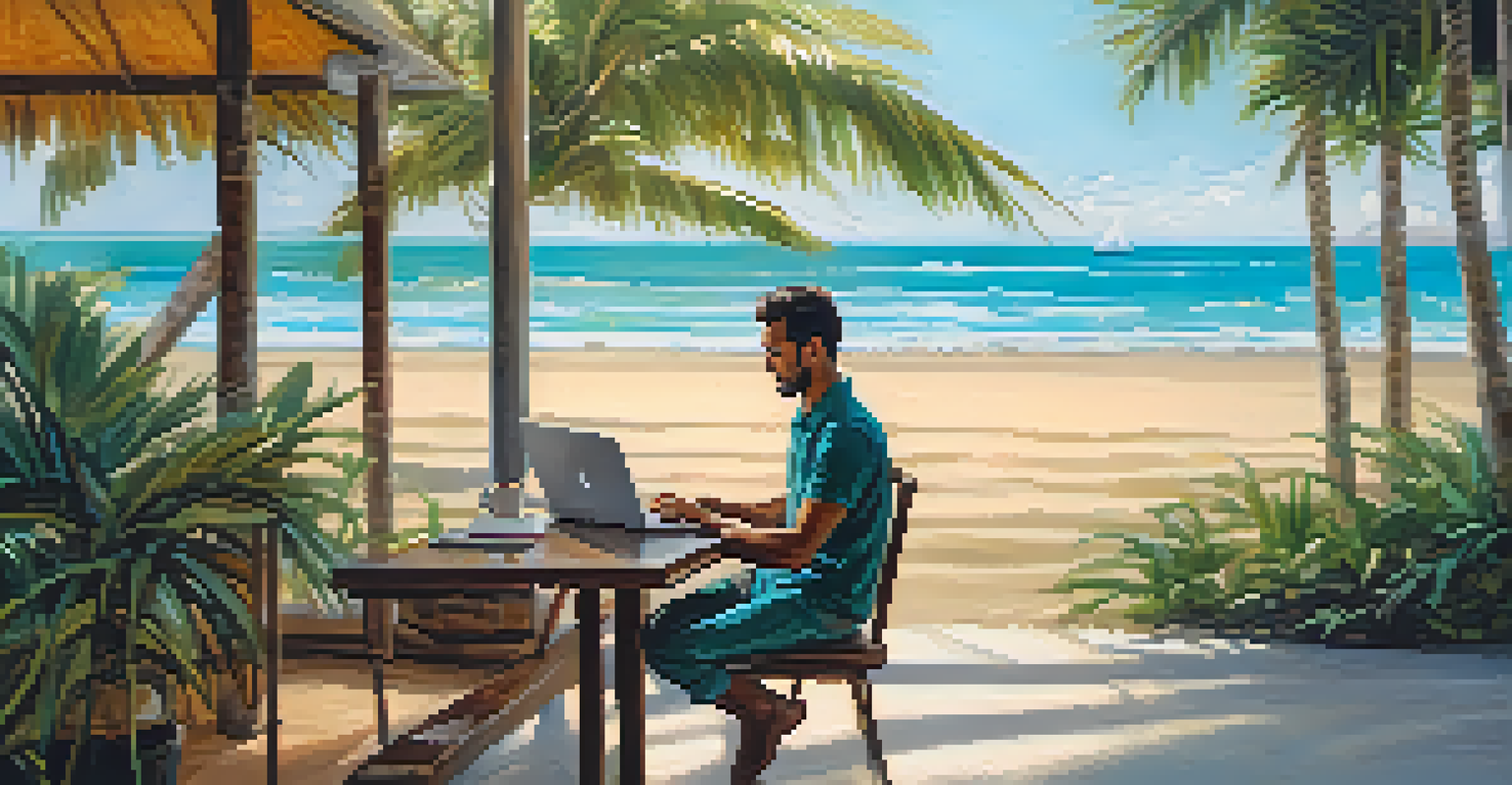 A digital nomad seated at a beachside café, working on a laptop with a beautiful ocean view, palm trees, and a sunset in the background.