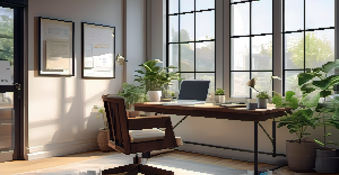 A cozy office workspace featuring a wooden desk with a laptop showing charts, a notepad with goals, and a small plant, all bathed in soft natural light.