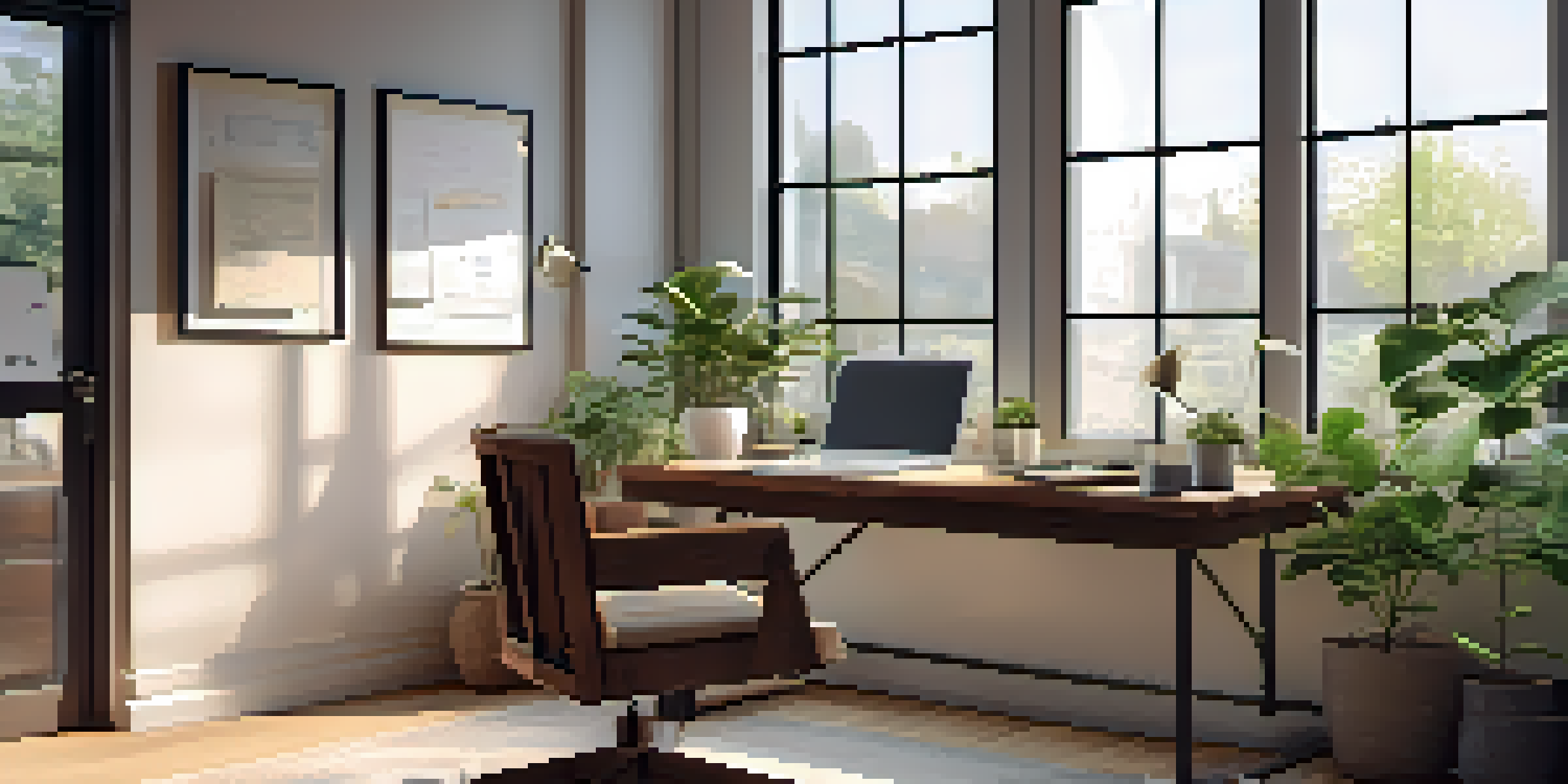 A cozy office workspace featuring a wooden desk with a laptop showing charts, a notepad with goals, and a small plant, all bathed in soft natural light.