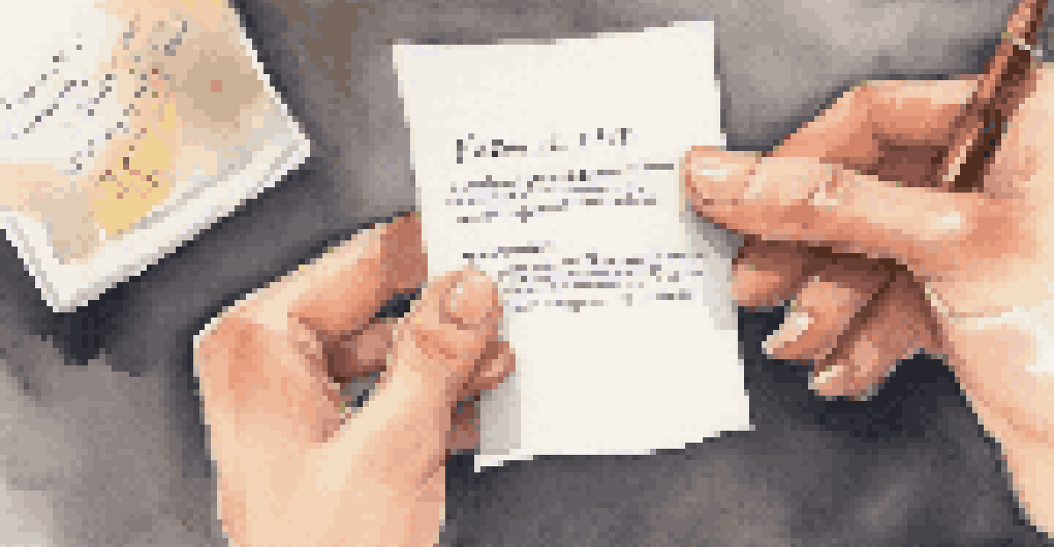 Close-up of two hands exchanging a feedback note in a professional setting, with one hand holding a positive note.