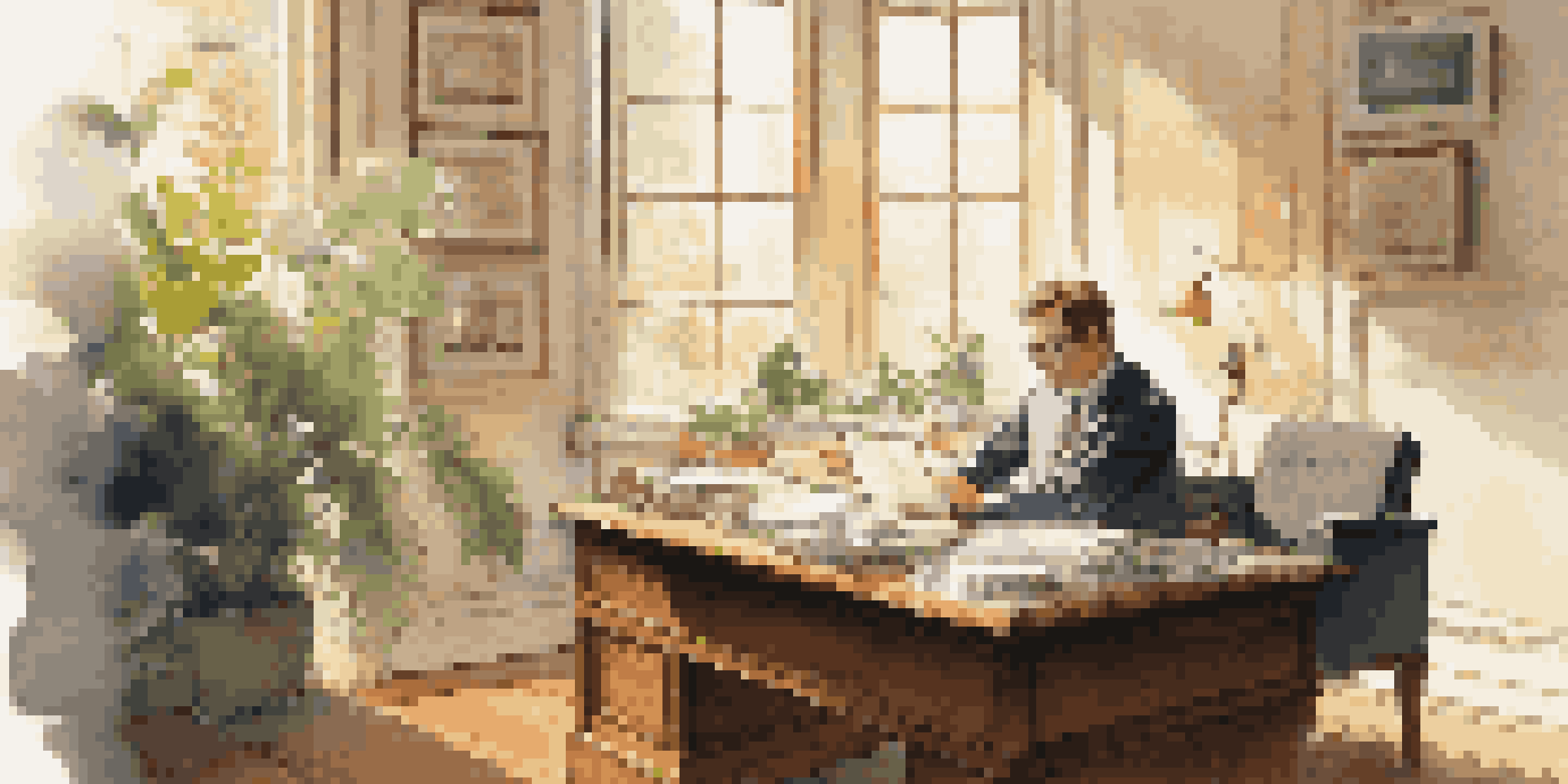 A person at a desk engaged in a negotiation, with papers and a laptop, in a warmly lit office filled with greenery.