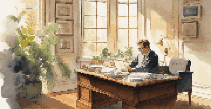 A person at a desk engaged in a negotiation, with papers and a laptop, in a warmly lit office filled with greenery.