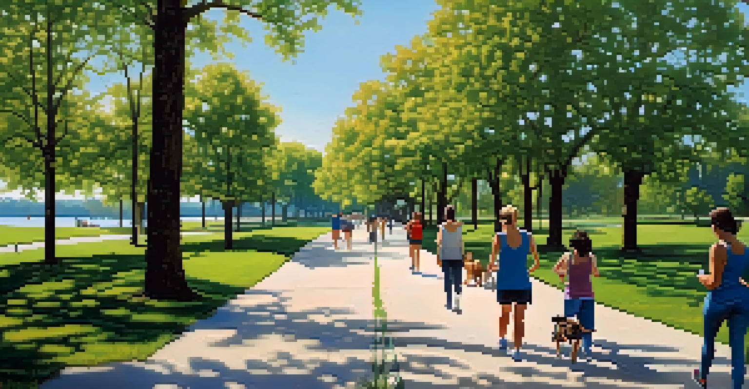 A peaceful park scene with trees, a walking path, and people enjoying outdoor activities under a clear sky.
