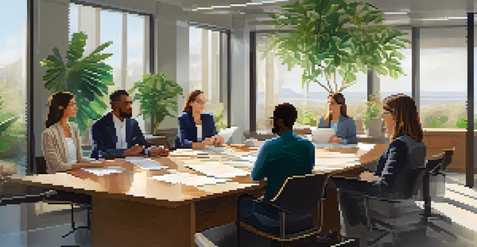 A diverse team engaged in a discussion about ethical dilemmas in a bright office environment with plants and natural light.
