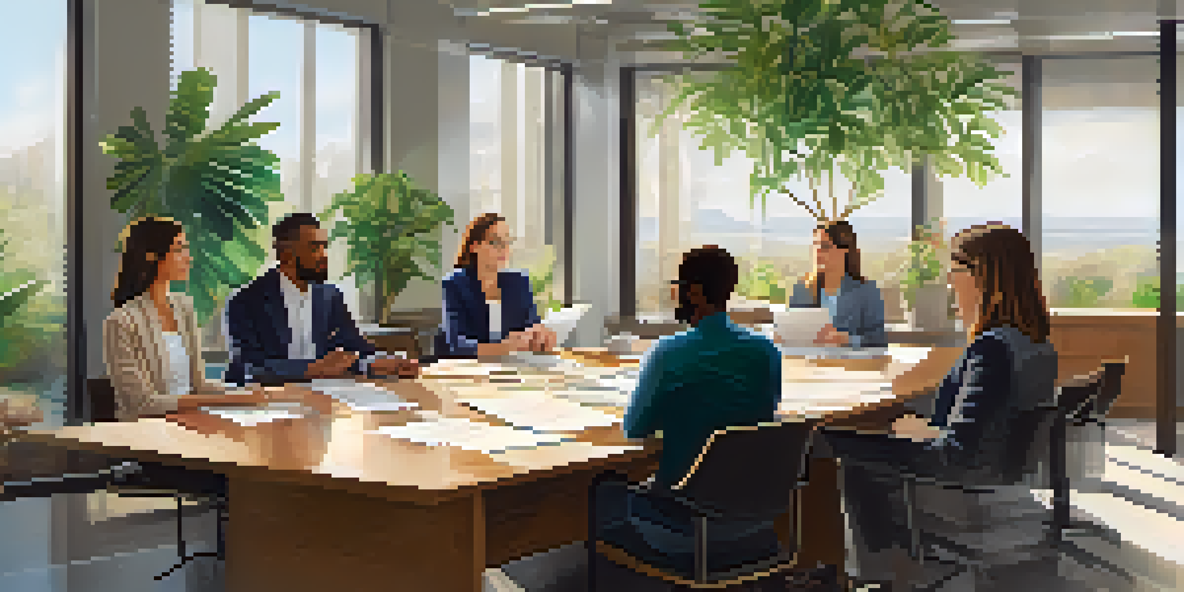 A diverse team engaged in a discussion about ethical dilemmas in a bright office environment with plants and natural light.
