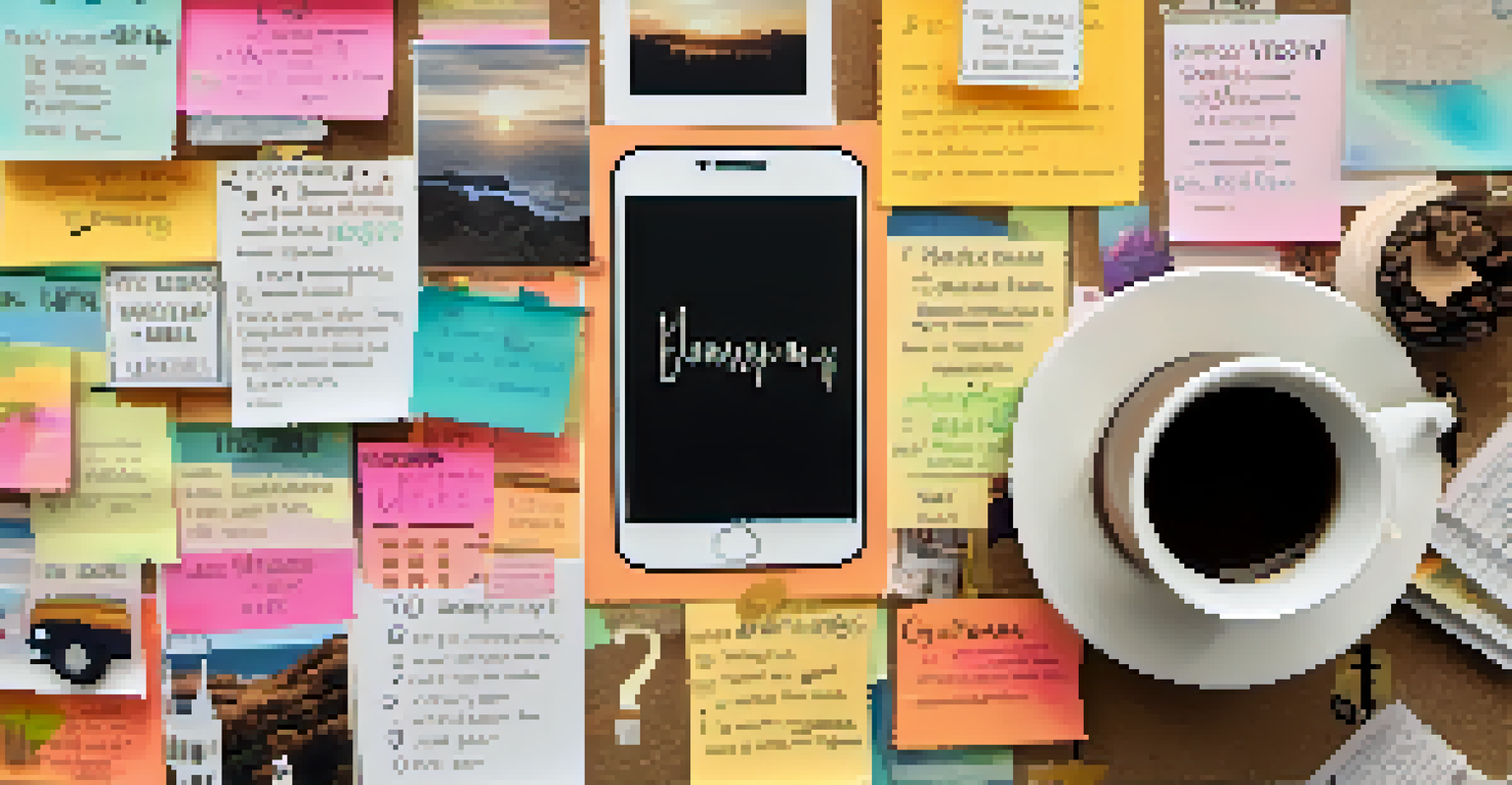A detailed view of a vision board filled with inspiring images and notes, alongside a cup of coffee and a journal.