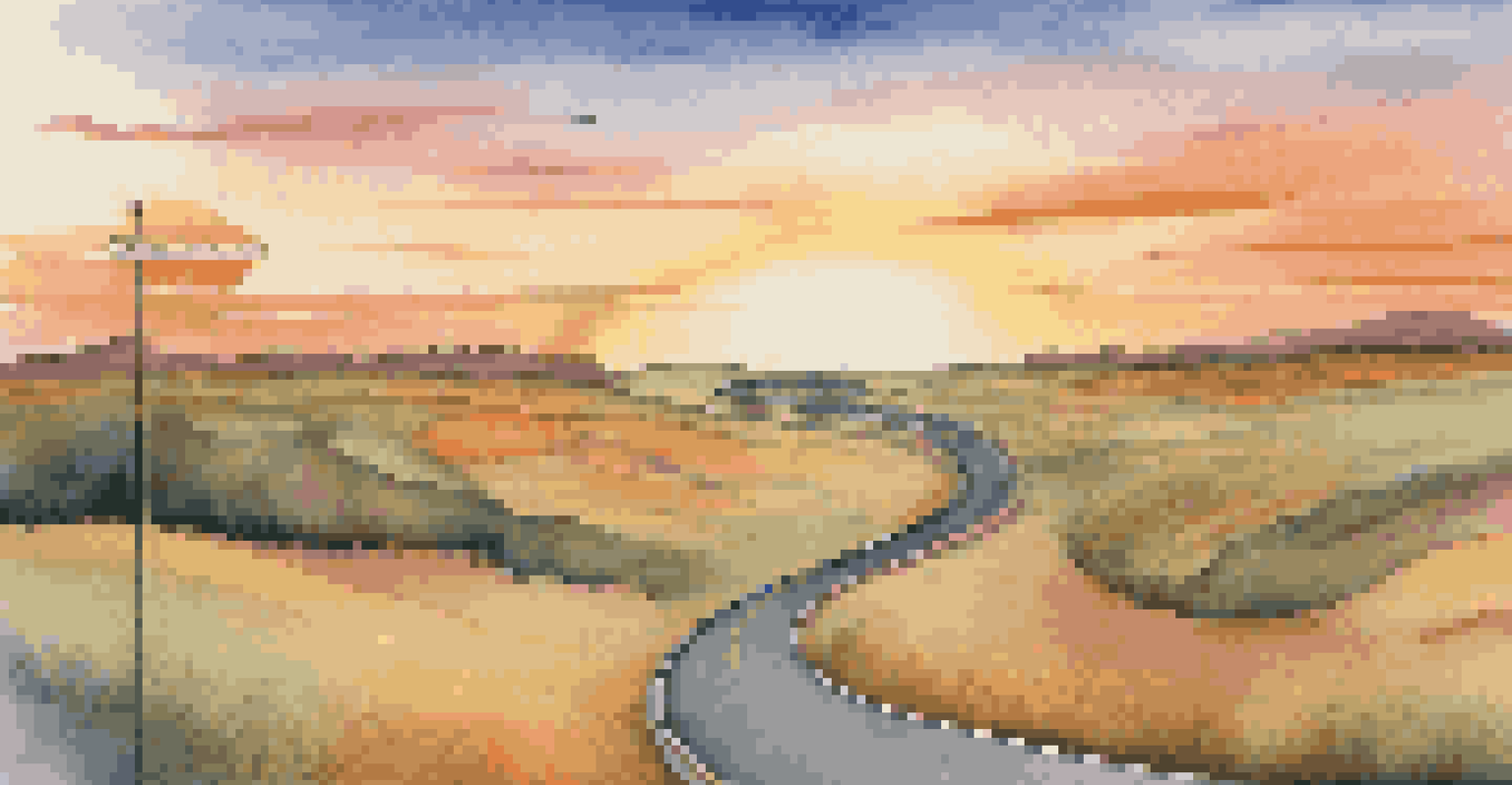 An abstract representation of a winding road leading to a bright horizon with signposts for opportunities and goals.