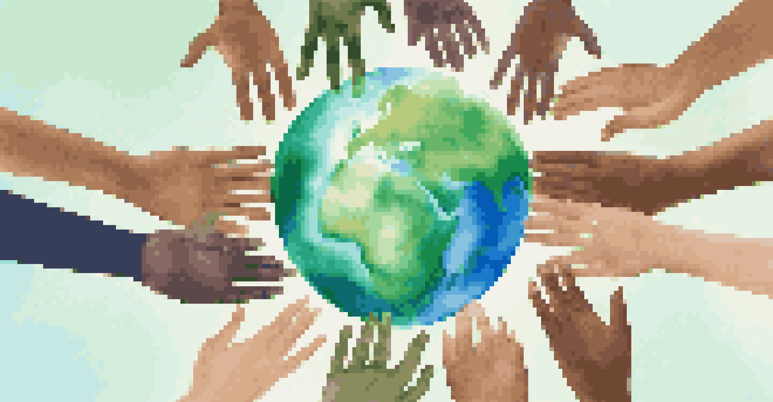 A globe surrounded by diverse hands holding small plants, symbolizing global unity and social responsibility.