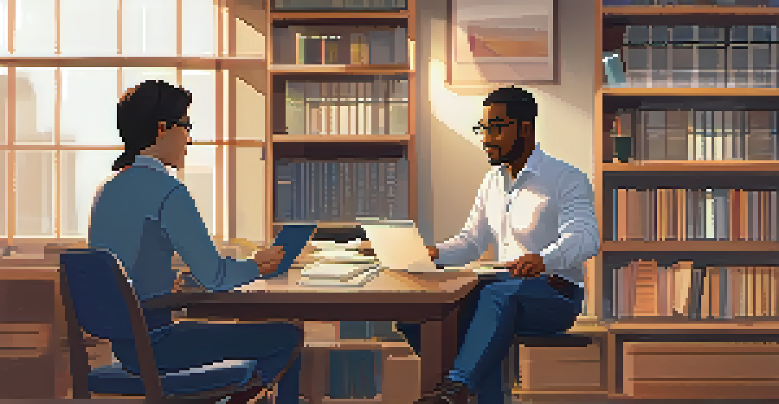 A mentor giving constructive feedback to an intern in a cozy office, creating a supportive learning environment.
