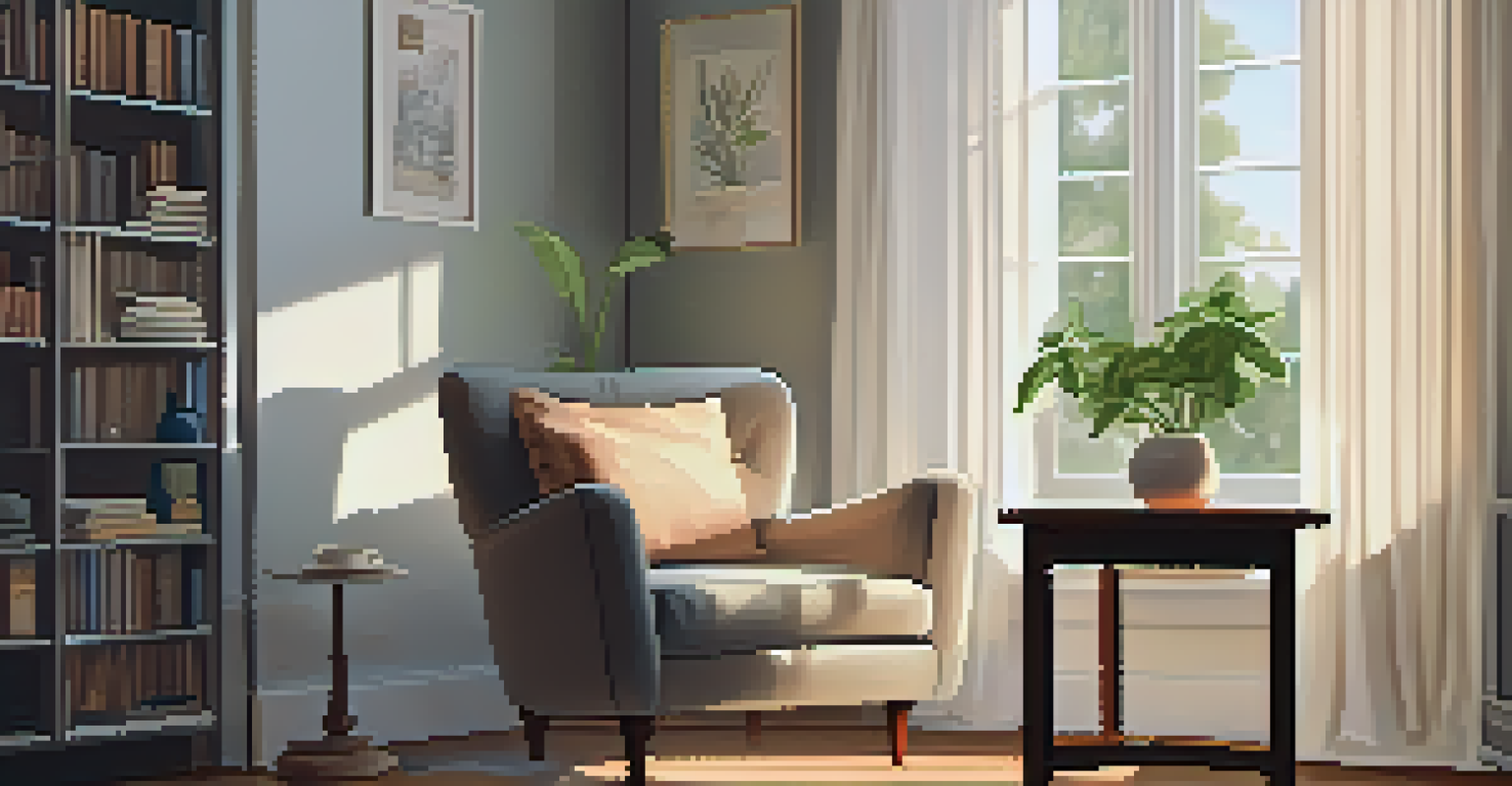 A cozy indoor corner with a chair, journals, and a cup of tea, bathed in soft morning light.