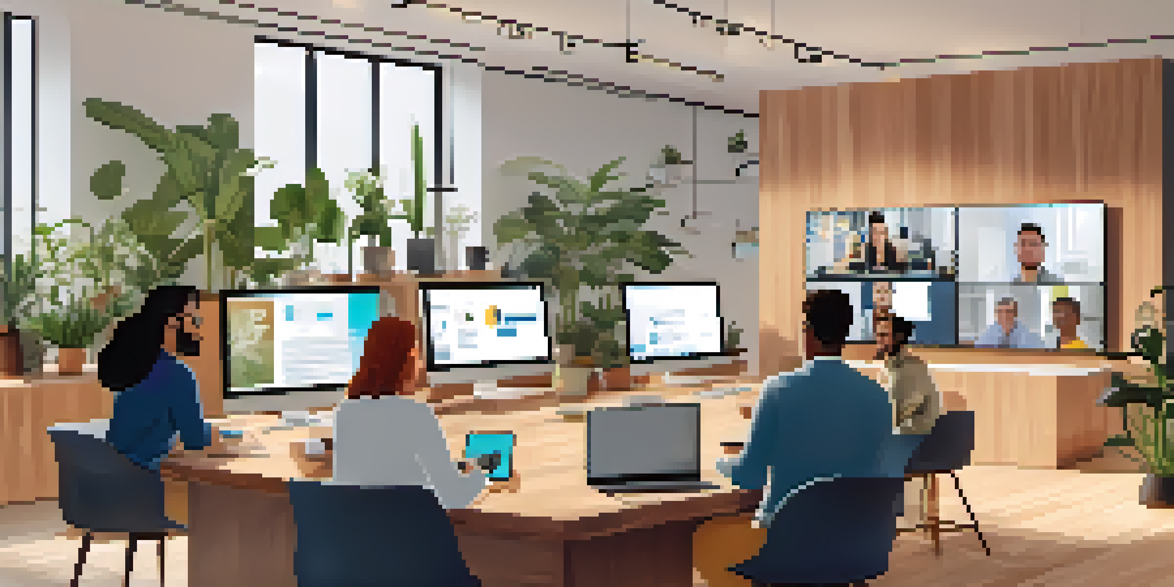 A diverse group of remote team members participating in a video conference in a bright and stylish workspace with plants and artwork.