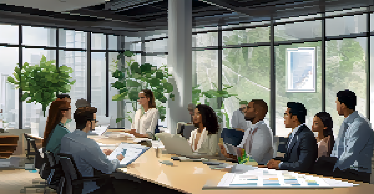 A diverse team in a modern office having a collaborative meeting with charts on the screen.