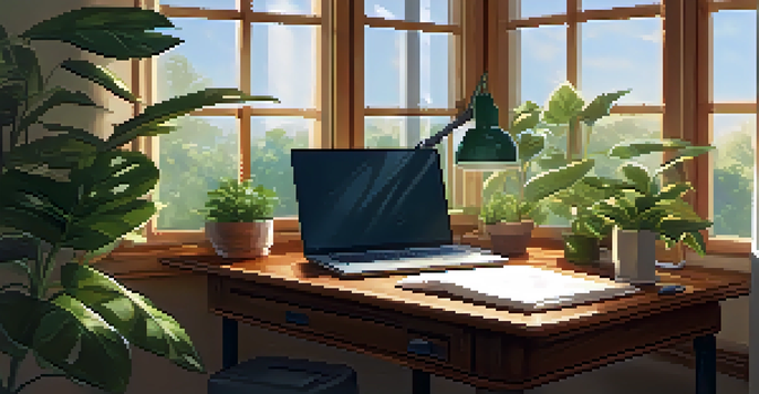 A wooden desk with an open notebook and a laptop, surrounded by green plants and a warm lamp, with sunlight filtering through a window.