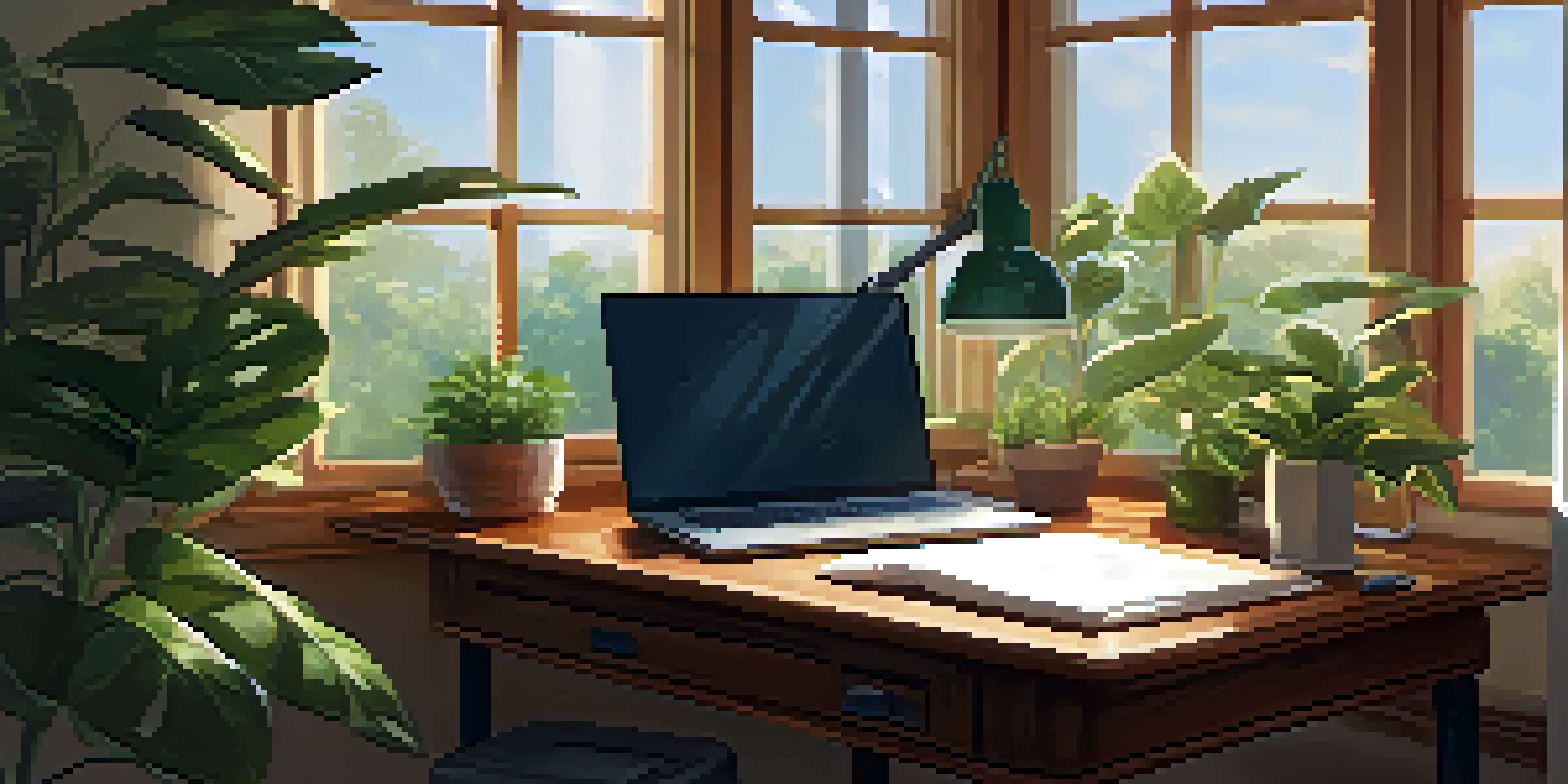 A wooden desk with an open notebook and a laptop, surrounded by green plants and a warm lamp, with sunlight filtering through a window.