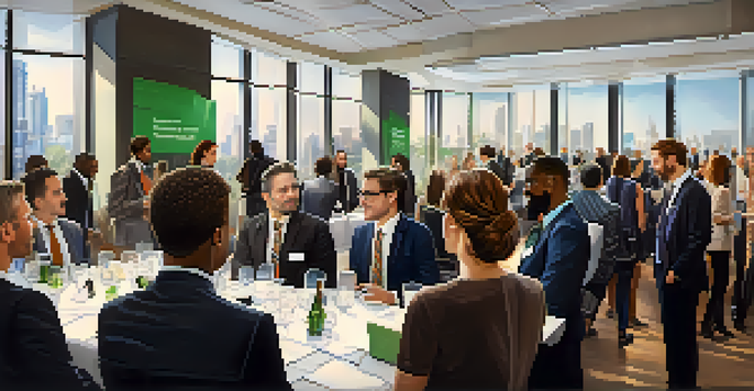 A vibrant networking event with diverse professionals talking and engaging in a modern conference hall filled with natural light.