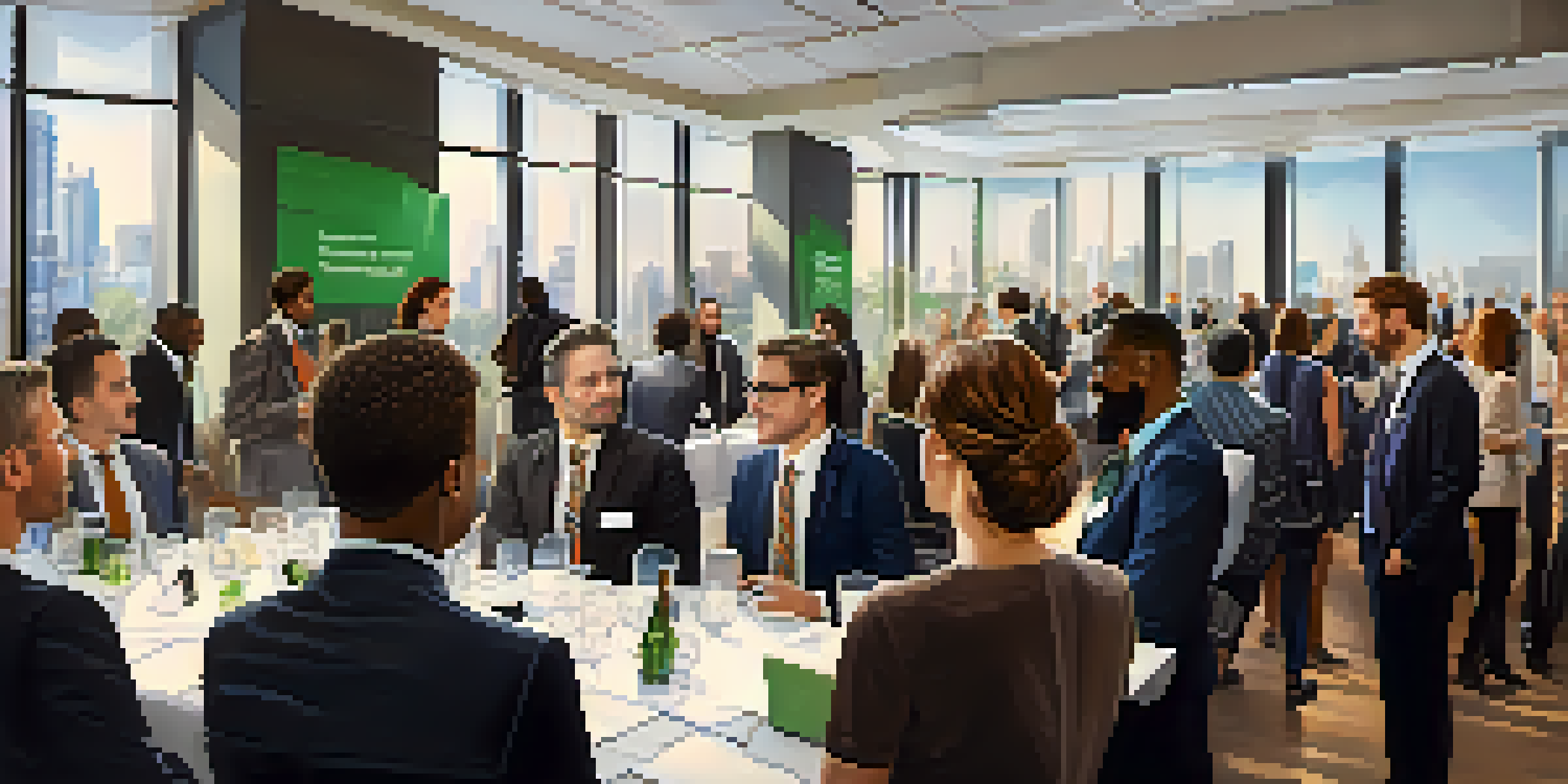 A vibrant networking event with diverse professionals talking and engaging in a modern conference hall filled with natural light.