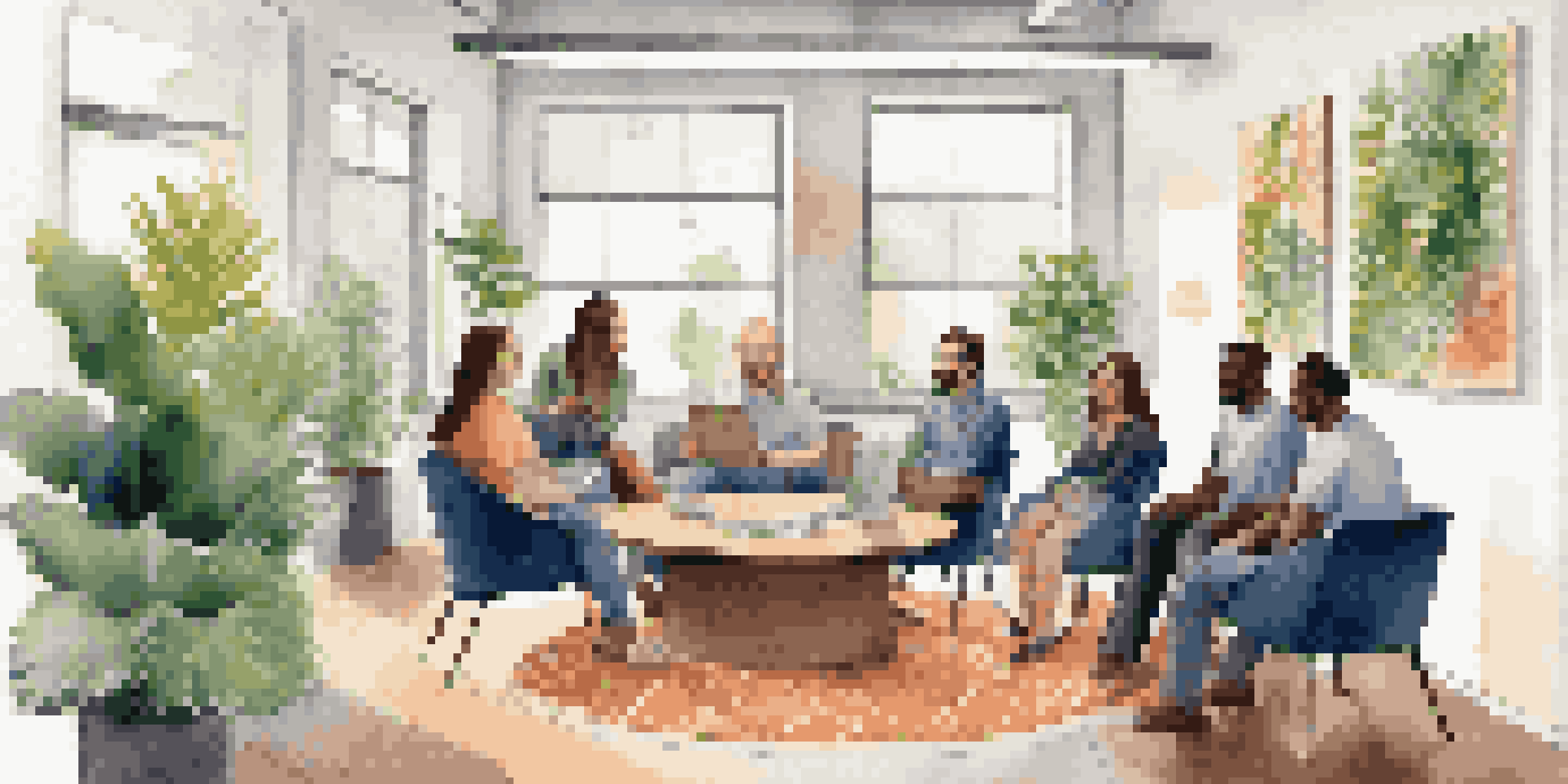A team meeting in a casual office setting with employees sharing ideas in a circle, surrounded by plants and motivational quotes.